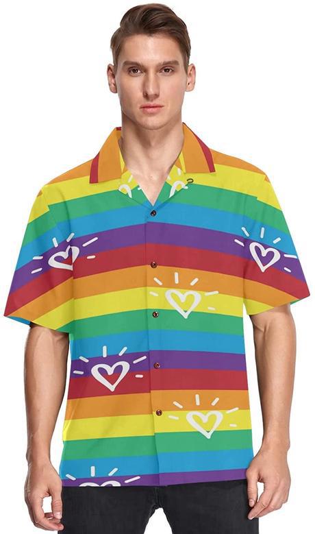 Rainbow Lgbt Striped Flag Men's Hawaiian Shirt Short Sleeves Button Down Aloha Shirts Beach