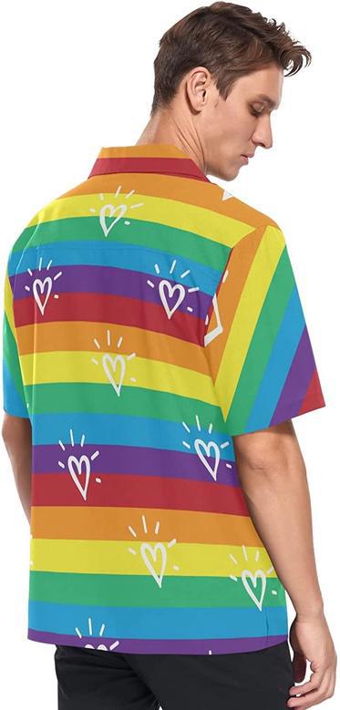 Rainbow Lgbt Striped Flag Men's Hawaiian Shirt Short Sleeves Button Down Aloha Shirts Beach