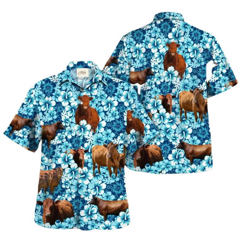 Red Angus Blue Hibiscus Flowers Hawaiian Shirt, Summer Cow Hawaii Aloha Beach Shirt