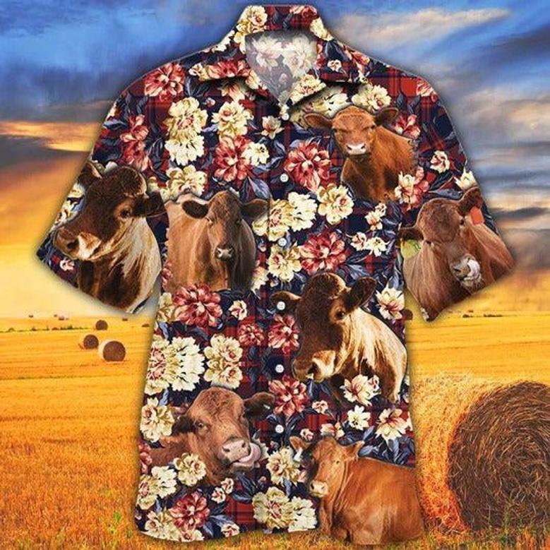 Red Angus Cattle Lovers Red Plaid Pattern Hawaiian Shirt, Unisex Print Aloha Short Sleeve Casual Shirt