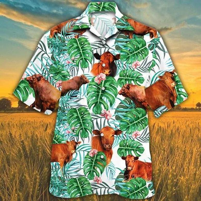 Red Angus Cattle Lovers Tropical Plant Hawaiian Shirt, Unisex Print Aloha Short Sleeve Casual Shirt