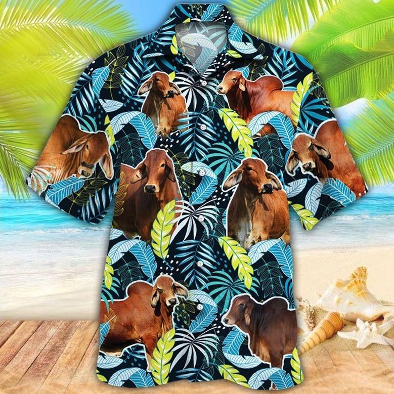 Red Brahman Cattle Lover Jungle Leaves Hawaiian Shirt For Men And Woman, Cow Bull Hawaiian Beach Shirts