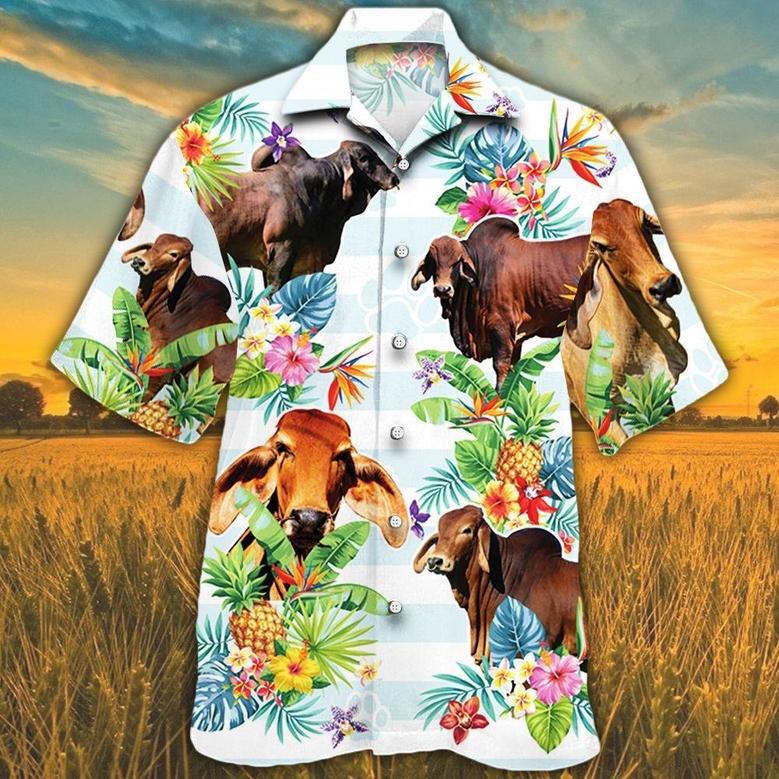 Red Brahman Cattle Lover Tropical Flower Hawaiian Shirts For Cow Lovers, Bull Cow Hawaii Shirt