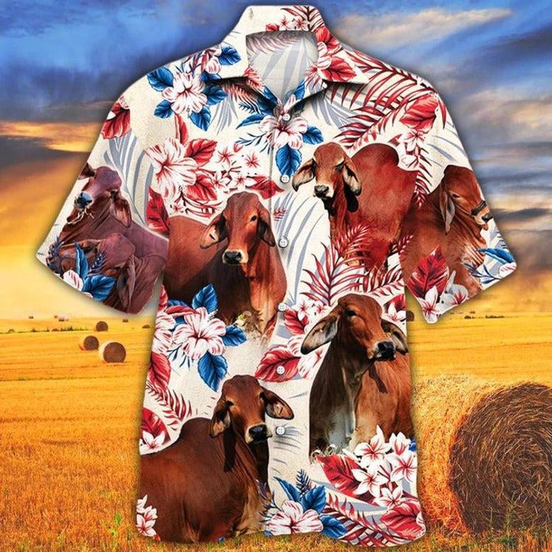 Red Brahman Cattle Lovers American Flag Hawaiian Shirt, Unisex Print Aloha Short Sleeve Casual Shirt