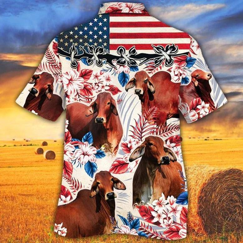 Red Brahman Cattle Lovers American Flag Hawaiian Shirt, Unisex Print Aloha Short Sleeve Casual Shirt