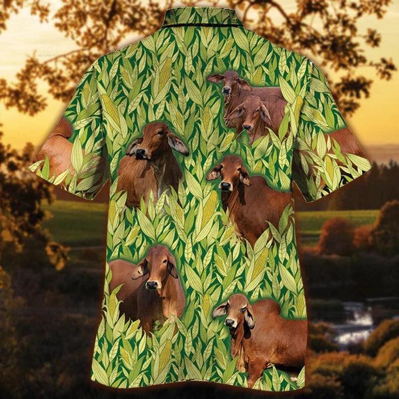 Red Brahman Cattle Lovers Corn Pattern Hawaiian Shirt, Unisex Print Aloha Short Sleeve Casual Shirt