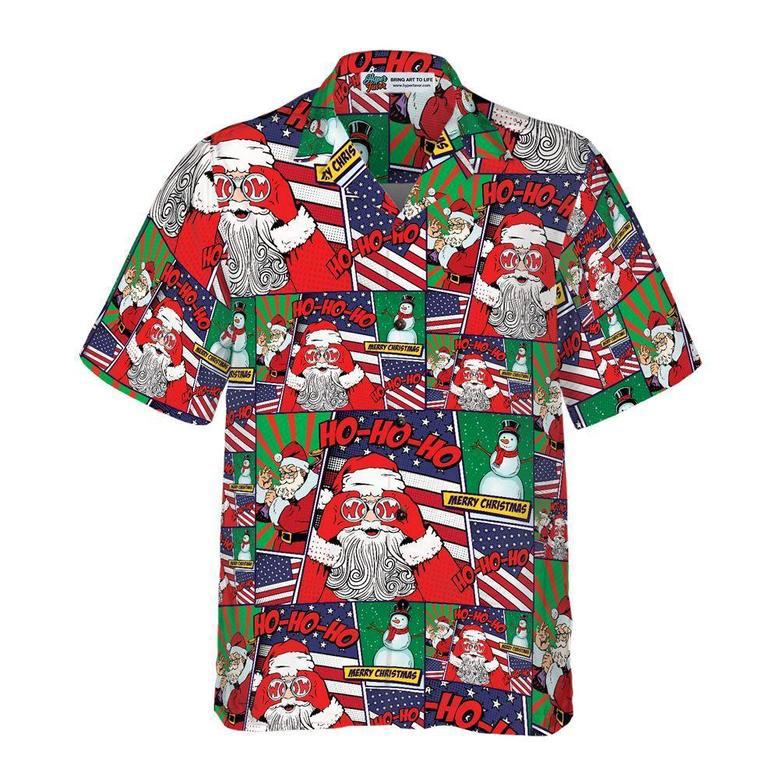 Santa With American Flag Comic Style Hawaiian Shirts, Xmas Hawaiian Shirts