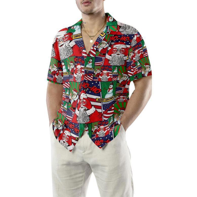 Santa With American Flag Comic Style Hawaiian Shirts, Xmas Hawaiian Shirts