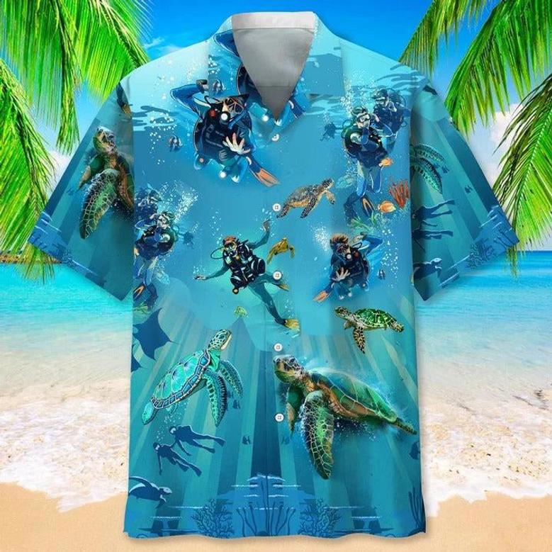 Scuba Diving Turtle Hawaiian Shirt For Summer Travel, Aloha Scuba Diving Beach Shirt For Man And Woman