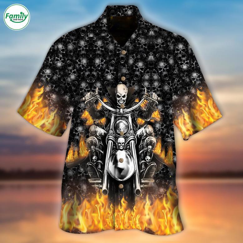 Skeleton Hawaiian Shirt Skull Skeleton Rider On Fire All Over Printed Hawaiian Shirt