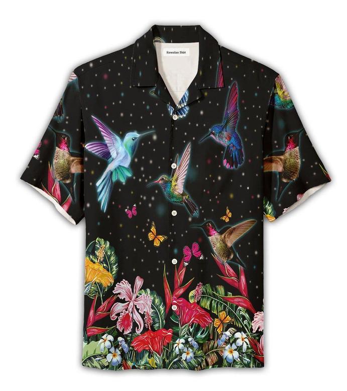 Sparkling Hummingbird In Flower Garden Hawaiian Aloha Shirts