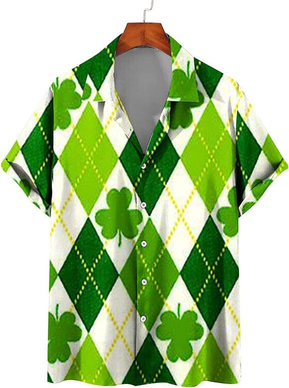 St.Patricks Day Hawaiian Bowling Shirts For Men Short Sleeve Shamrock Printed Beach Casual Aloha Shirt Clover Printed Shirt