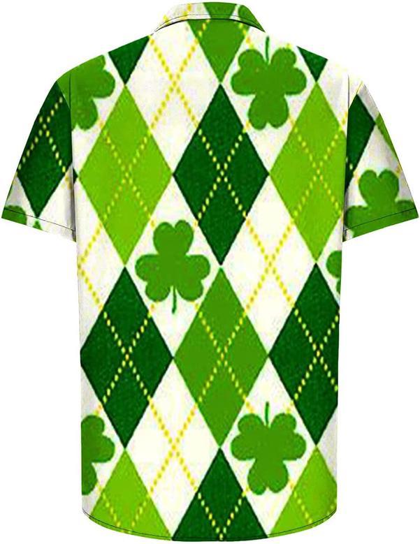 St.Patricks Day Hawaiian Bowling Shirts For Men Short Sleeve Shamrock Printed Beach Casual Aloha Shirt Clover Printed Shirt