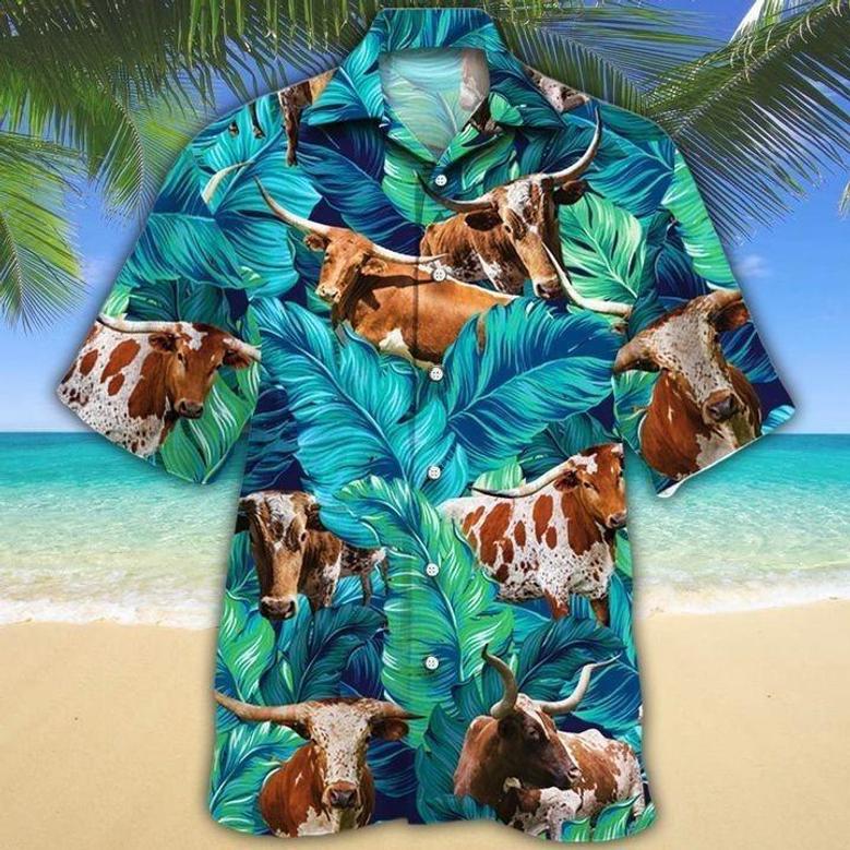 Texas Longhorn Hawaii Shirt Cattle Green, Unisex Print Aloha Short Sleeve Casual Shirt