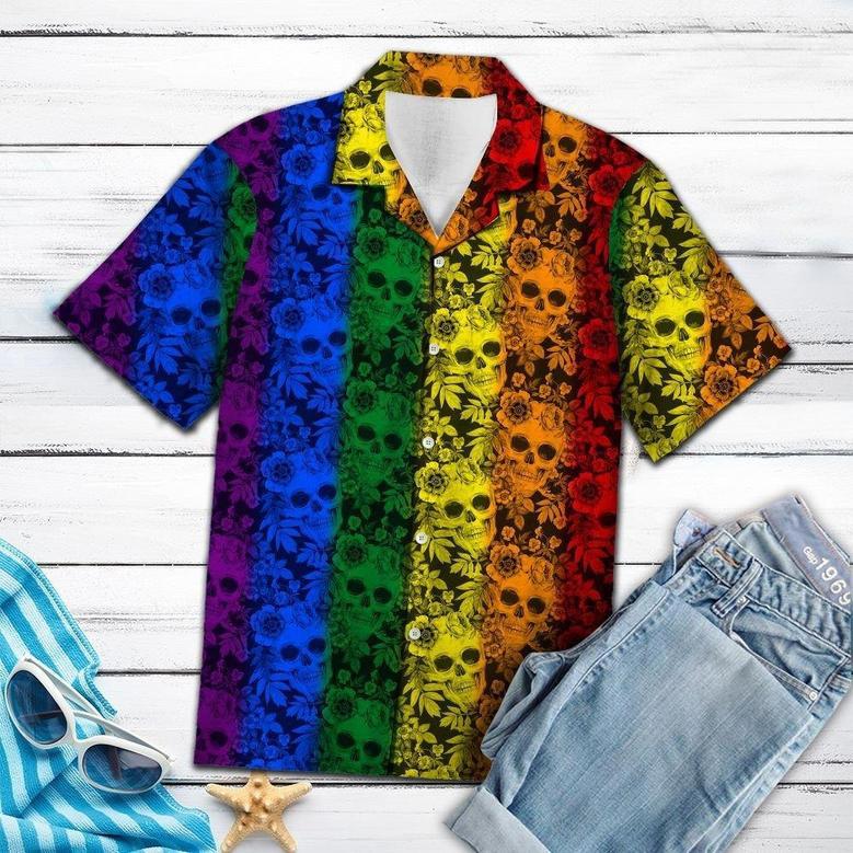 Tropical Plants And Skull Lgbt Color Striped Pattern Hawaiian Shirt, Gay Pride Shirt