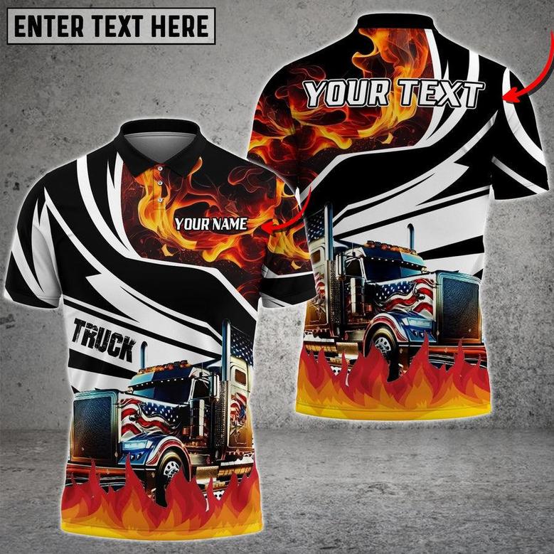 Truck Flame U.S Flag Pattern Personalized Name Shirt For Truck Driver, Truck Flag Polo Shirt