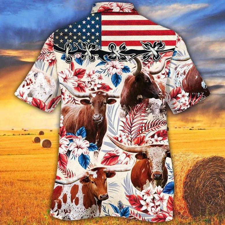 Tx Longhorn Cattle Lovers American Flag Hawaiian Shirt, Unisex Print Aloha Short Sleeve Casual Shirt