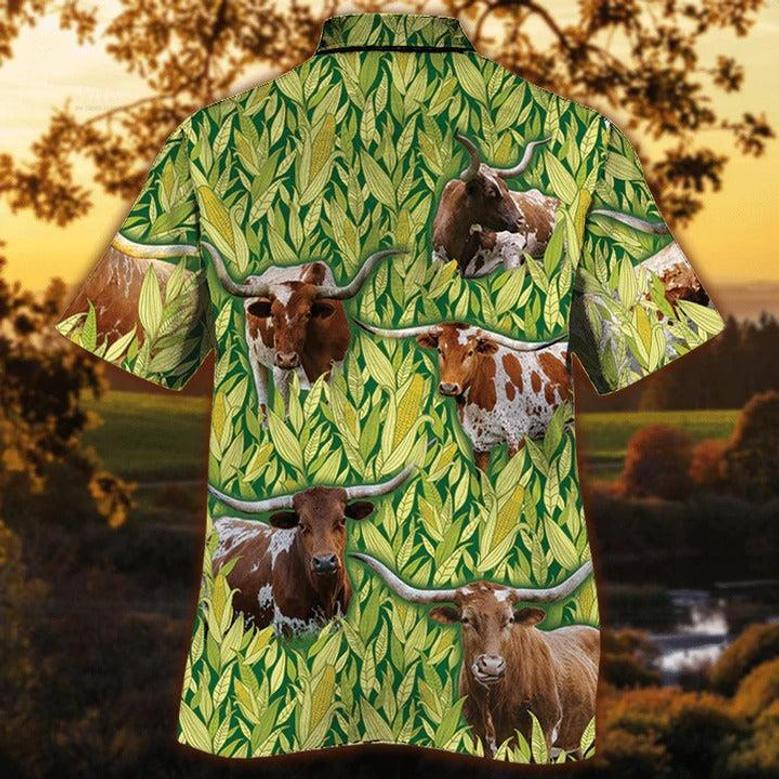 Tx Longhorn Cattle Lovers Corn Pattern Hawaiian Shirt, Unisex Print Aloha Short Sleeve Casual Shirt