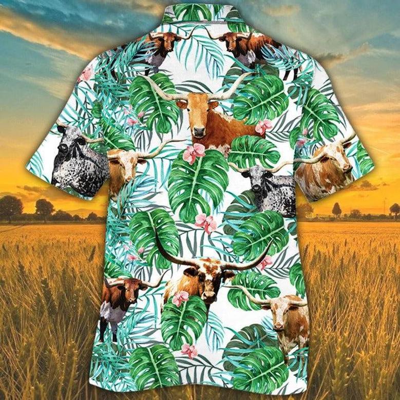 Tx Longhorn Cattle Lovers Tropical Plant Hawaiian Shirt, Unisex Print Aloha Short Sleeve Casual Shirt