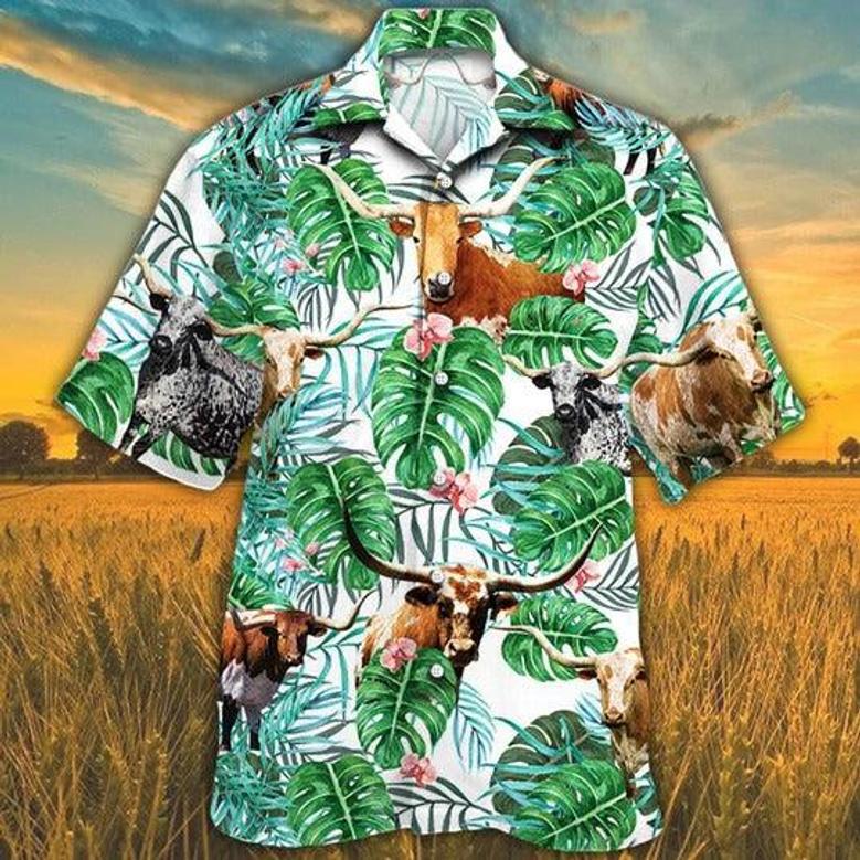 Tx Longhorn Cattle Lovers Tropical Plant Hawaiian Shirt, Unisex Print Aloha Short Sleeve Casual Shirt