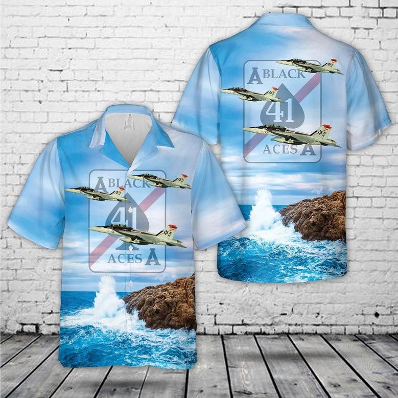 Us Navy Hawaiian Shirt, Us Navy Strike Fighter Squadron 41 Black Aces Hawaiian Shirt, Military Hawaiian Shirt