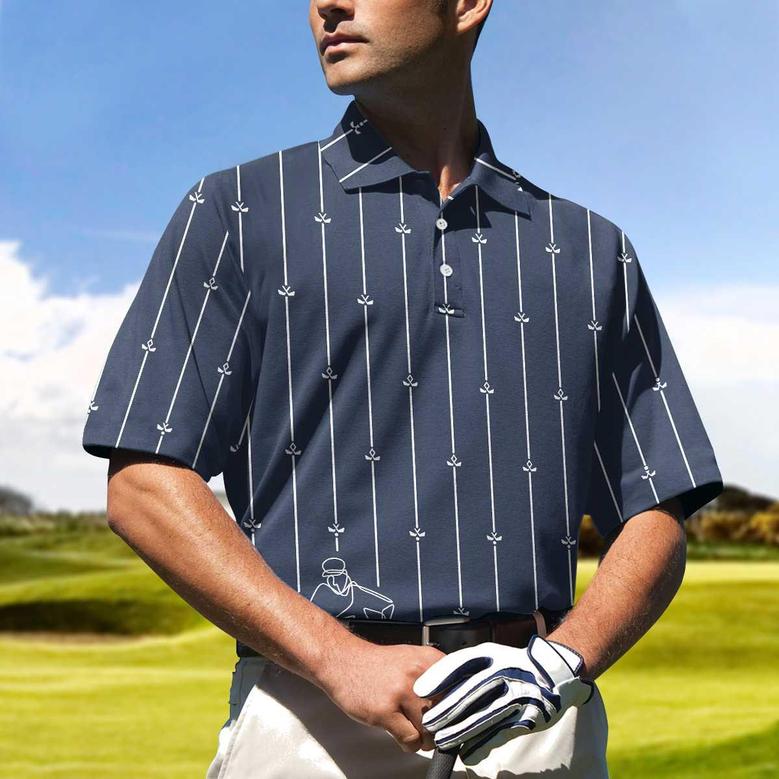 Vertical Stripe Golf Club Polo Shirt, Black And White One Line Drawing Golfer Polo Shirt, Unique Golf Shirt For Men Coolspod