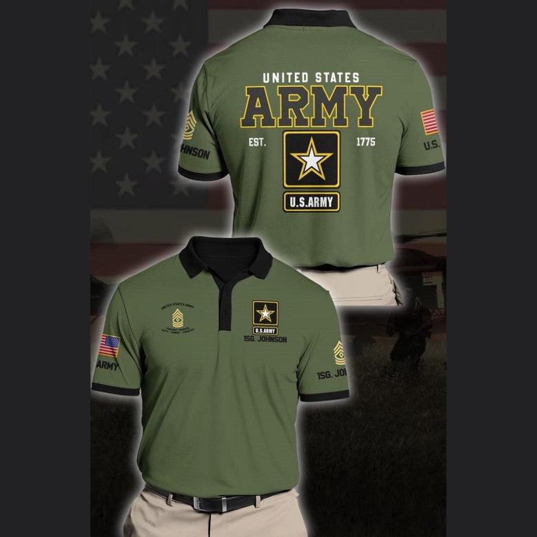 Veteran Polo Shirt, Us Army Polo Shirt Custom Your Name , Rank And Choose Your Color, Us Army Military Polo