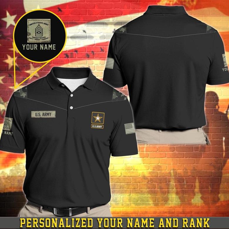 Veteran Polo Shirt, Personalized Us Army Military Polo Shirt With Your Name And Rank, Army Camouflage Shirt