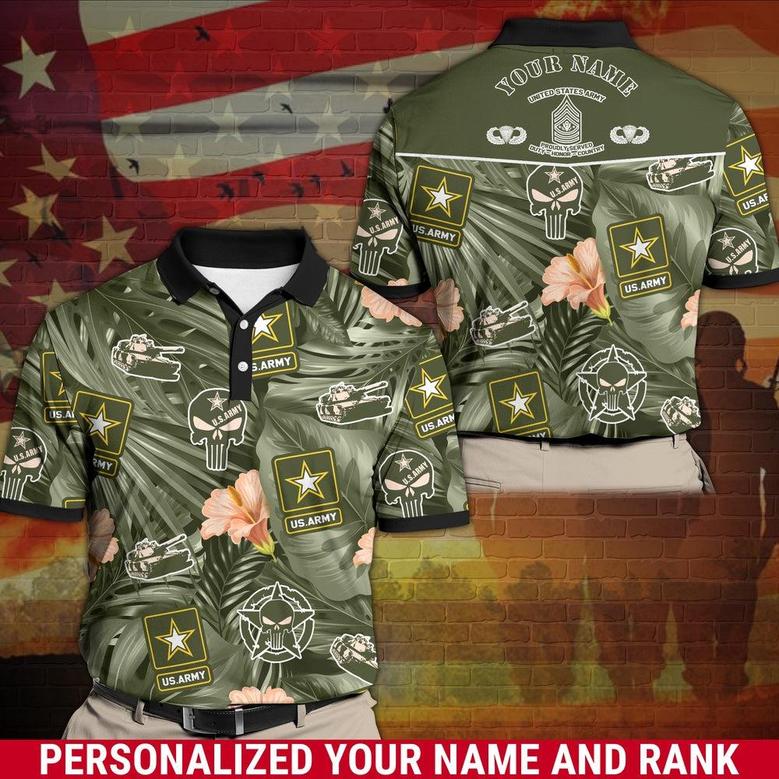 Veteran Polo Shirt, Personalized Us Army Polo Shirt With Your Name And Rank, Tropical Summer Shirt