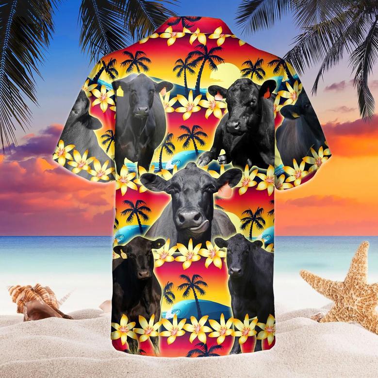 Vintage Black Angus Hawaiian Shirt Tropical Sunset Hibiscus And Palm Tree Hawaiian Shirt