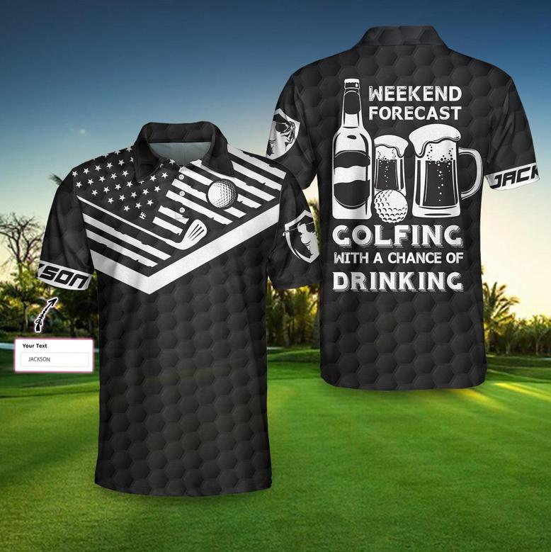 Weekend Forecast Drinking Custom Golf Polo Shirt, Personalized Black American Flag Golf Shirt For Men Coolspod