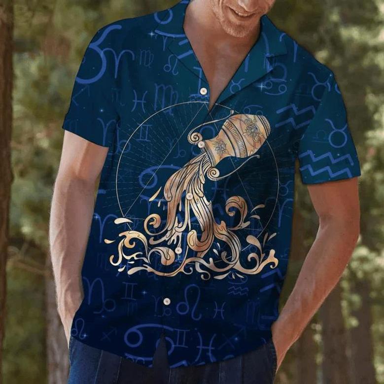 Amazing Aquarius Zodiac Symbol On Blue Pattern Hawaiian Shirt Summer Gifts