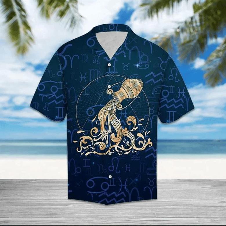 Amazing Aquarius Zodiac Symbol On Blue Pattern Hawaiian Shirt Summer Gifts