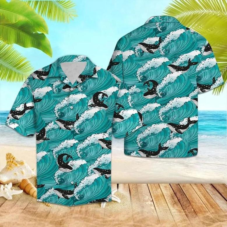 Amazing Black And White Whale Sea Waves Pattern , For Summer Unisex Hawaiian Shirt Aloha Shirt