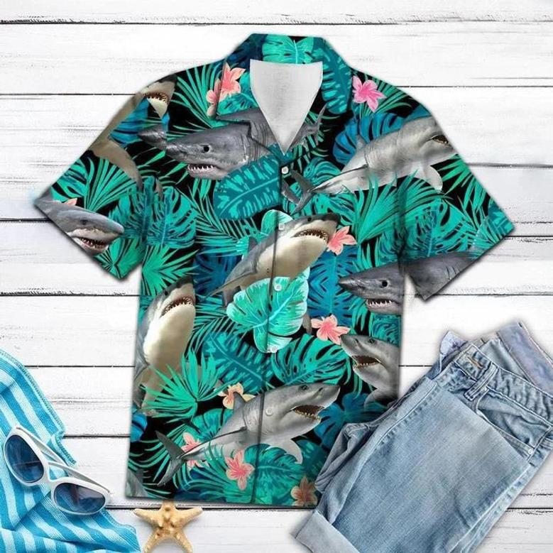 Angry Shark Tropical Jungle Design Hawaiian Shirt Summer Gifts