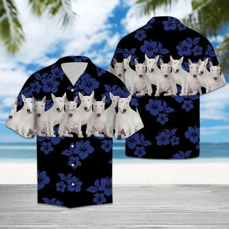 Awesome Bull Terrier Tropical Hibiscus On Black Hawaiian Shirt Summer Gifts