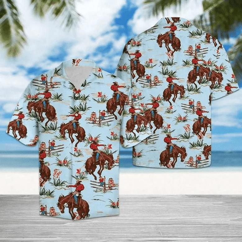 Awesome Cowboy With His Horse Blue Theme Hawaiian Shirt Summer Gifts