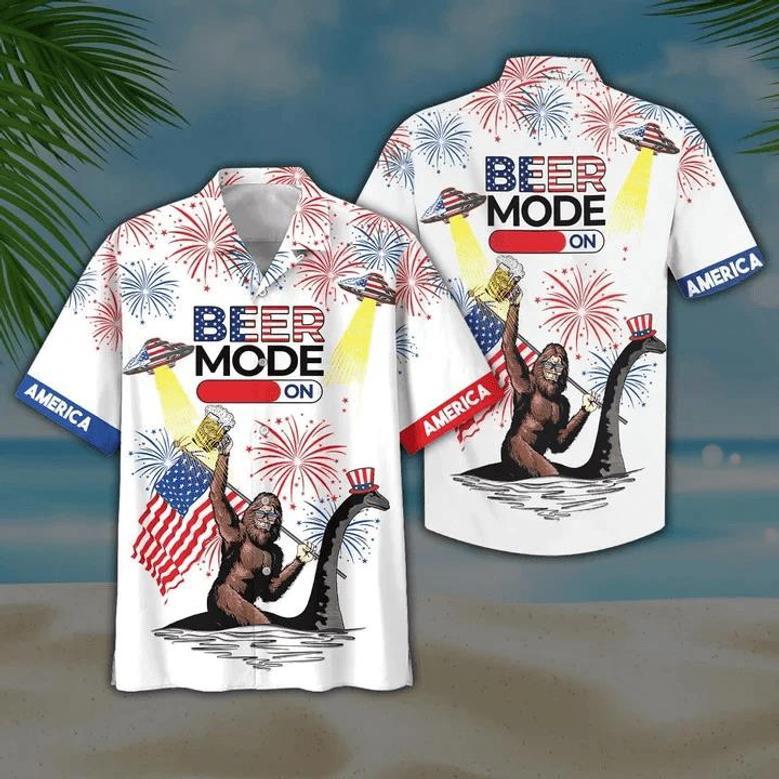 Beer Mode On Bigfoot Ufo White Hawaiian Shirt, Short Sleeve Hawaiian Aloha Shirt For Men Summer Gifts