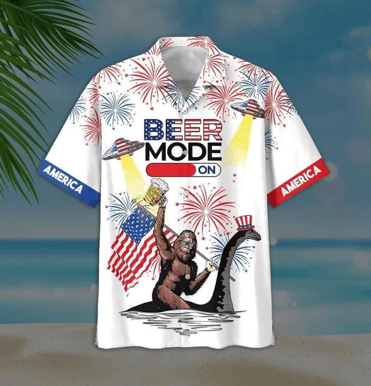 Beer Mode On Bigfoot Ufo White Hawaiian Shirt, Short Sleeve Hawaiian Aloha Shirt For Men Summer Gifts