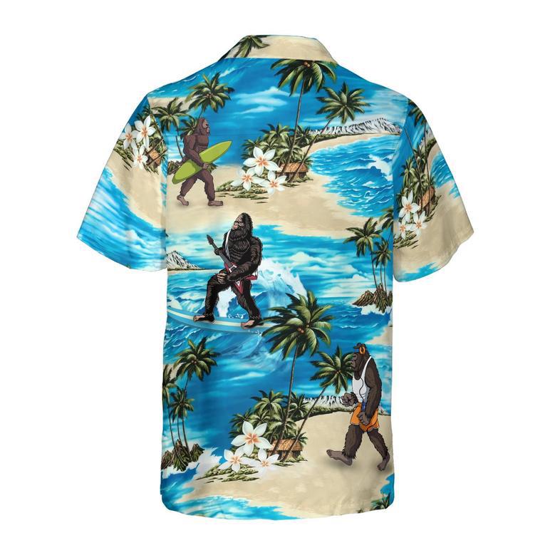 Bigfoot Aioha Beach Bigfoot Hawaiian Shirt, Palm Tree And Flower Blue Ocean Bigfoot Surfing Shirt For Men Summer Gifts