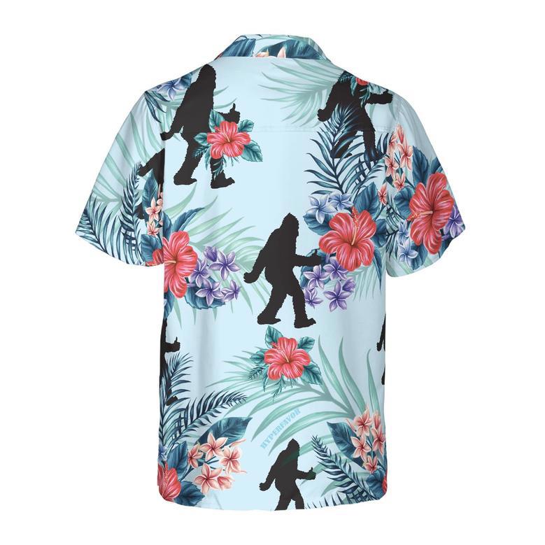 Bigfoot Bluebonnet Bigfoot Hawaiian Shirt, Arctic Blue Texas Floral And Leaves Bigfoot Shirt For Men Summer Gifts