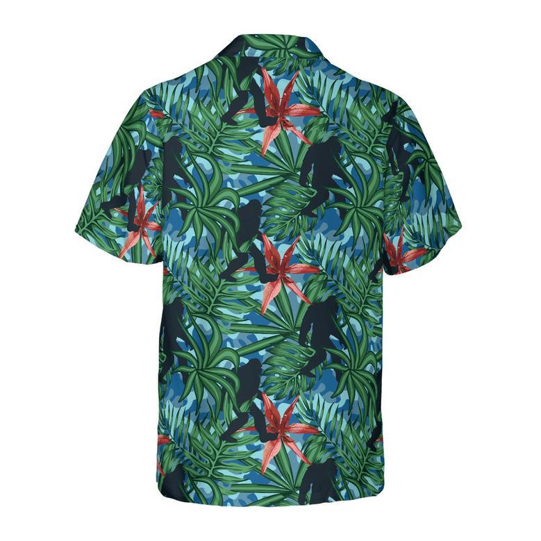 Bigfoot Silhouette Walking Bigfoot Hawaiian Shirt, Tropical Forest Floral Bigfoot Shirt For Men Summer Gifts