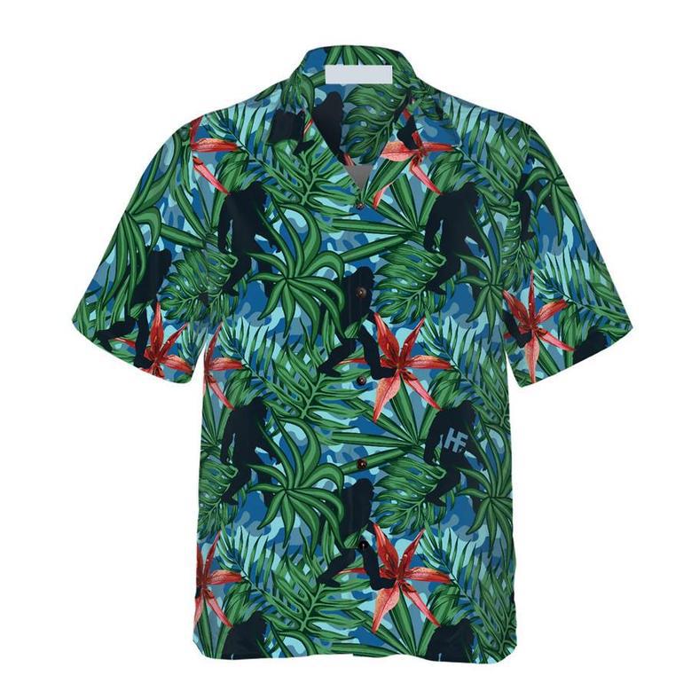 Bigfoot Silhouette Walking Bigfoot Hawaiian Shirt, Tropical Forest Floral Bigfoot Shirt For Men Summer Gifts