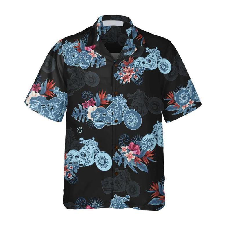 Biker Blue Tropical Flower Pattern Motorcycle Hawaiian Shirt, Unique Gift For Bikers Summer Gifts