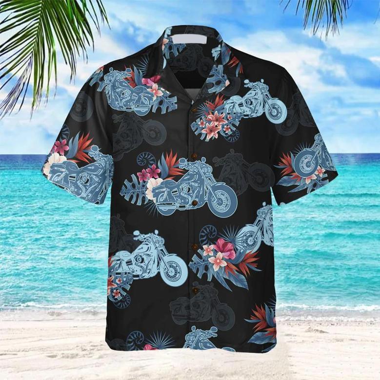 Biker Blue Tropical Flower Pattern Motorcycle Hawaiian Shirt, Unique Gift For Bikers Summer Gifts