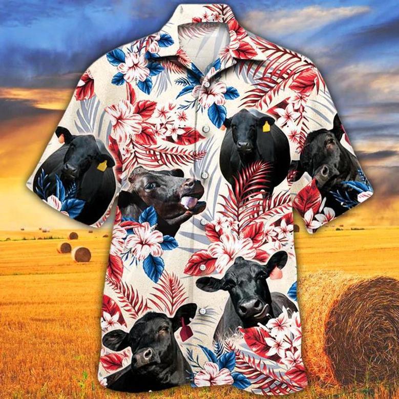 Black Angus Cattle Lovers American Flag , Cow Vintage Flower, Men, Women Unisex Hawaiian Shirt Aloha Shirt