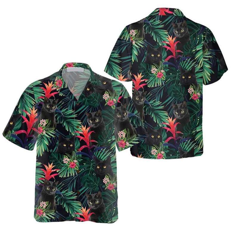 Black Cat And Tropical Pattern , Funny Black Cat Shirt For Adults, Cat Themed Gift For Cat Lovers Unisex Hawaiian Shirt Aloha Shirt