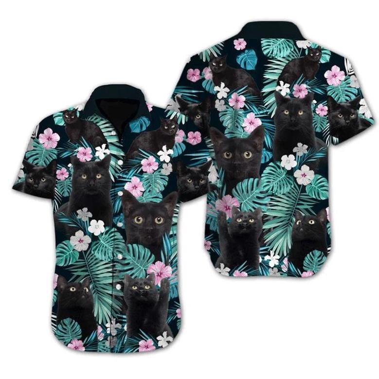 Black Cat Flower Spring Design Hawaiian Shirt Summer Gifts