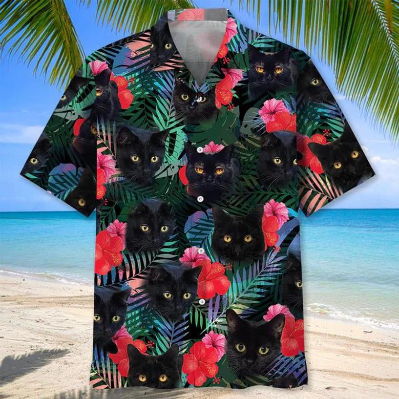 Black Cat Tropical , Unisex Summer Beach Casual Short Sleeve Summer Vacation Beach Shirts Unisex Hawaiian Shirt Aloha Shirt