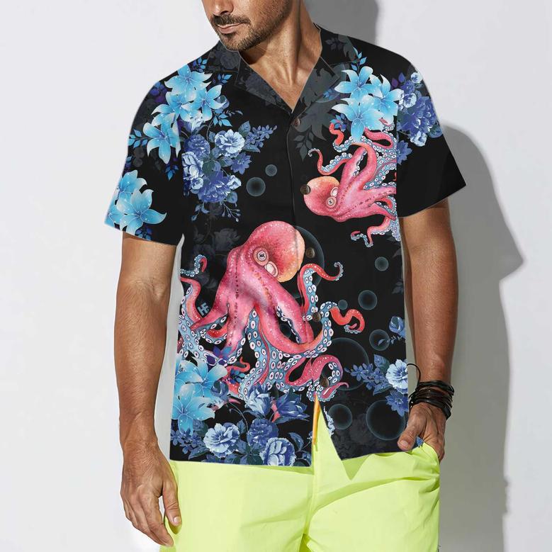 Blue Floral And Octopus , Short Sleeve Octopus Shirt For Men, Best Gift For Lover, Friend, Family Unisex Hawaiian Shirt Aloha Shirt